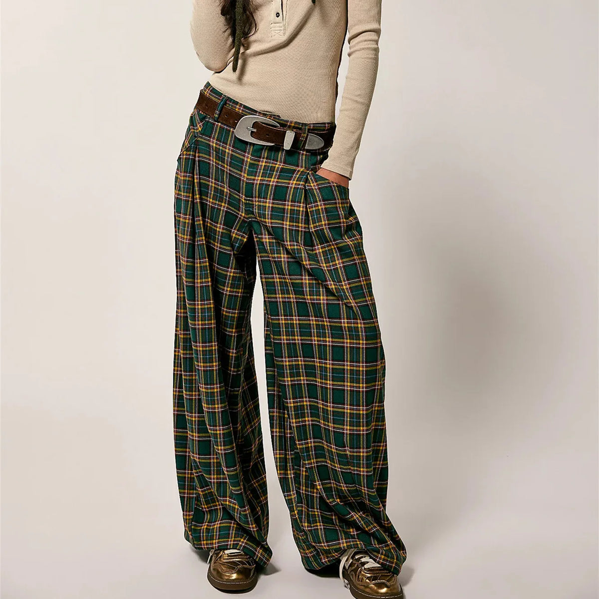 Women Y2k Gingham Wide Leg Mid Rise Holiday High Street Tartan Pants Vintage Plaid Baggy Trousers with Pockets
