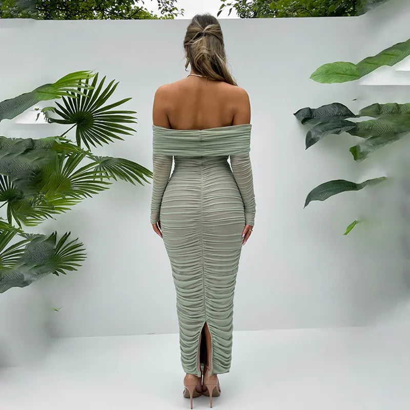 Off Shoulder Backless Ruched Long Dresses Sexy Elegant Mesh Evening Party Dresses Women Clothing