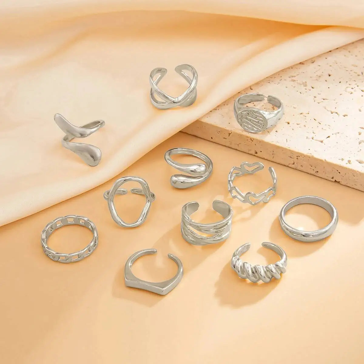 11Pcs/Set Classic Glossy Water Drop Open Rings for Women New Trend Vintage Irregular Finger Rings Daily Jewelry Gift