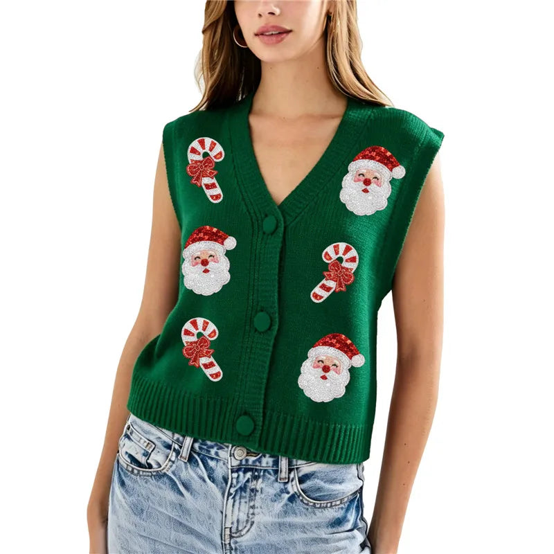 Women Xmas Sleeveless Knit Sweater Vest V Neck Button Down Cropped Waistcoat Sequin Patch Holiday Party Knit Gilet
