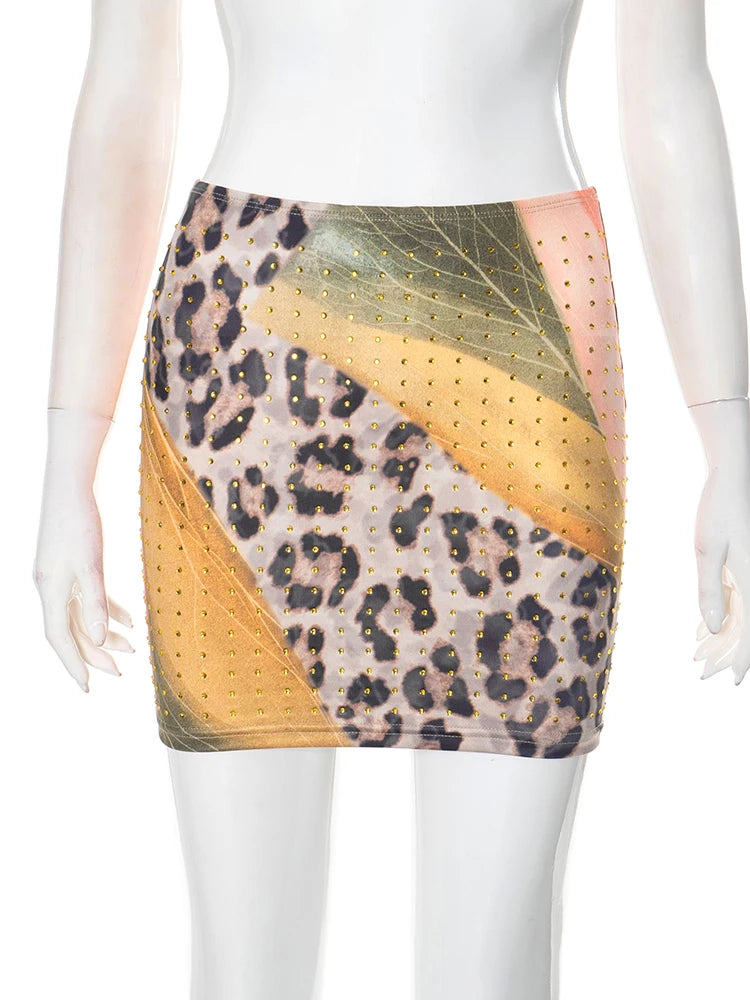 Rhinestones Leopard Print Skirts Women Wild Basic Wild Summer Trend Y2K Hottie Sexy Skinny Party Clubwear Mini Bottom
