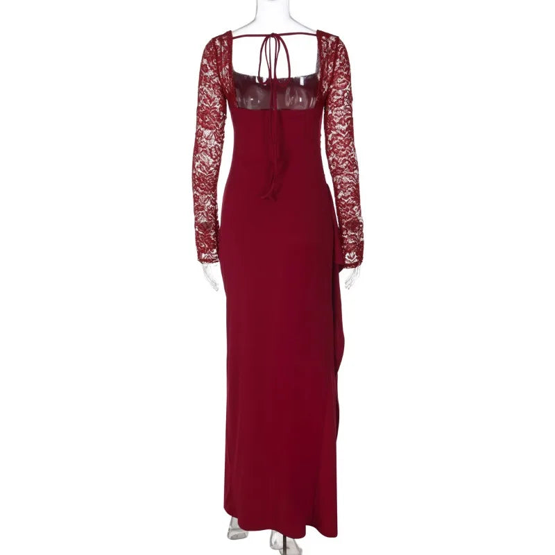 Black Sheer Lace Long Sleeve High Side Slit Maxi Dress Elegant Luxury Evening Dress 2026 Woman Clothing