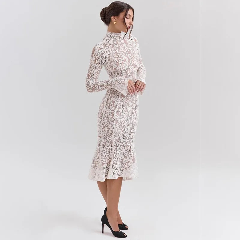 Long Sleeve Fishtail Midi Dresses for Women Elegant Floral Lace White Evening Dress Birthday Party Outfits