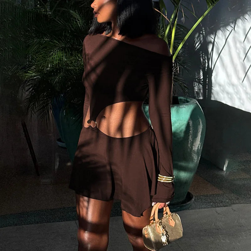 Asymmetrical Cutout One Shoulder Mini Dress Fall 2025 Fashion Long Sleeve Dresses Brown Sexy Club Outfits