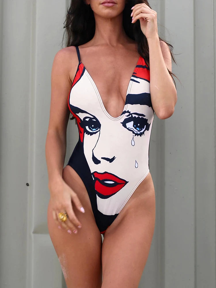 Doodle Print Bodysuit Women Beach Vacation Deep v-Neck Sleeveless Tight Stretch Wild Hipster Midnight Club Body Tops