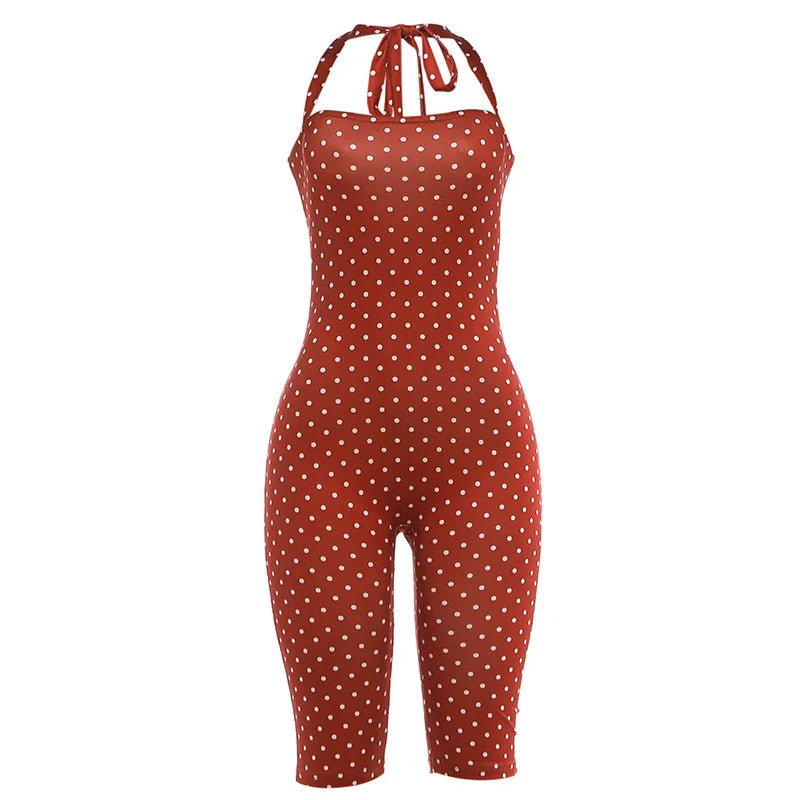 Polka Dot Print Backless Rompers Woman Summer Sexy Bandage Halter Sleeveless Skinny Peach Hip Streetwear Playsuits