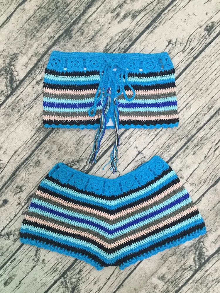 Beach Sexy Women 2 Piece Set knit Stripe Vacation Hollow Shirring Bra Tops+ Shorts Classic Stretch Matching Clubwear