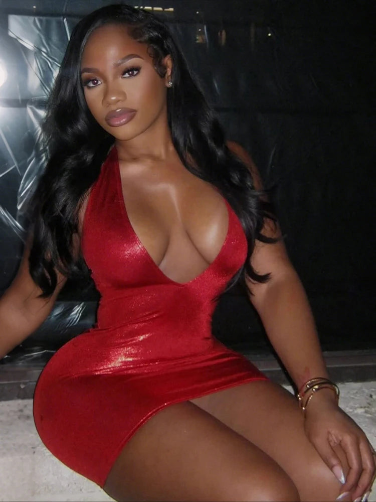 Peach Hip Sexy Backless Mini Dress Woman Halter Low-Neck Cleavage Sleeveless Skinny Midnight Club Party Hipster Bodycon