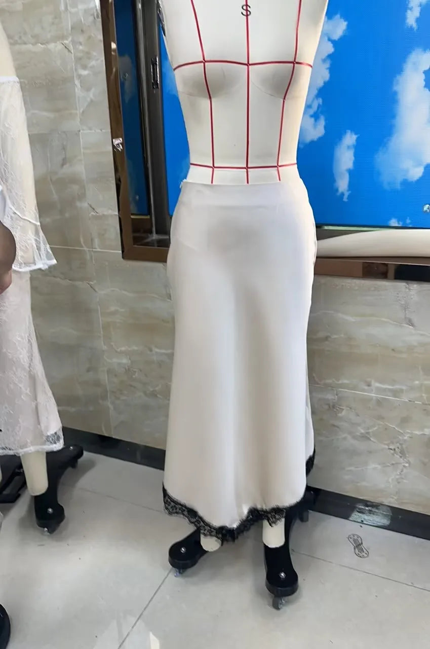French Satin Lace Trim Midi Skirt Women High Waist Asymmetrical Hem Flowy Elegant Skirt For Office Commute Date Night