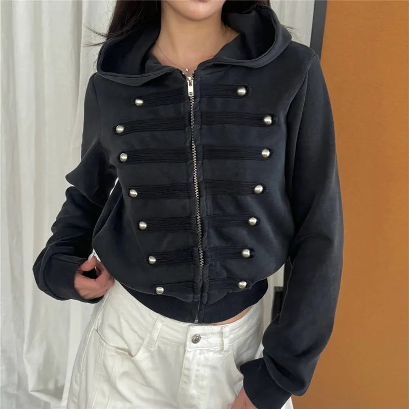 Womens Trendy Cropped Zip Hoodie Military Double Metal Buttons Design Hooded Long Sleeve Slim Short Jacket Street Top