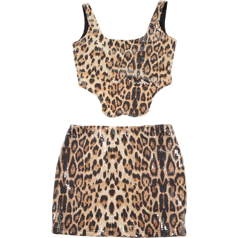 Leopard Print Sequin 2 Piece Set Backless Corset Top and Mini Skirt Sexy Club Outfits Women Summer Co Ord