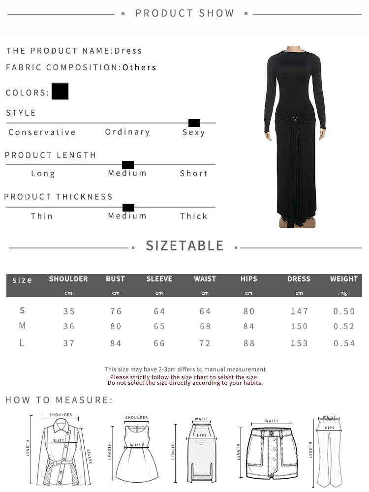 Ruched Elegant Maxi Dress Women Daily Casual Fashion Skinny Full Sleeve Solid Gown Midnight Prom Party Long Bodycon