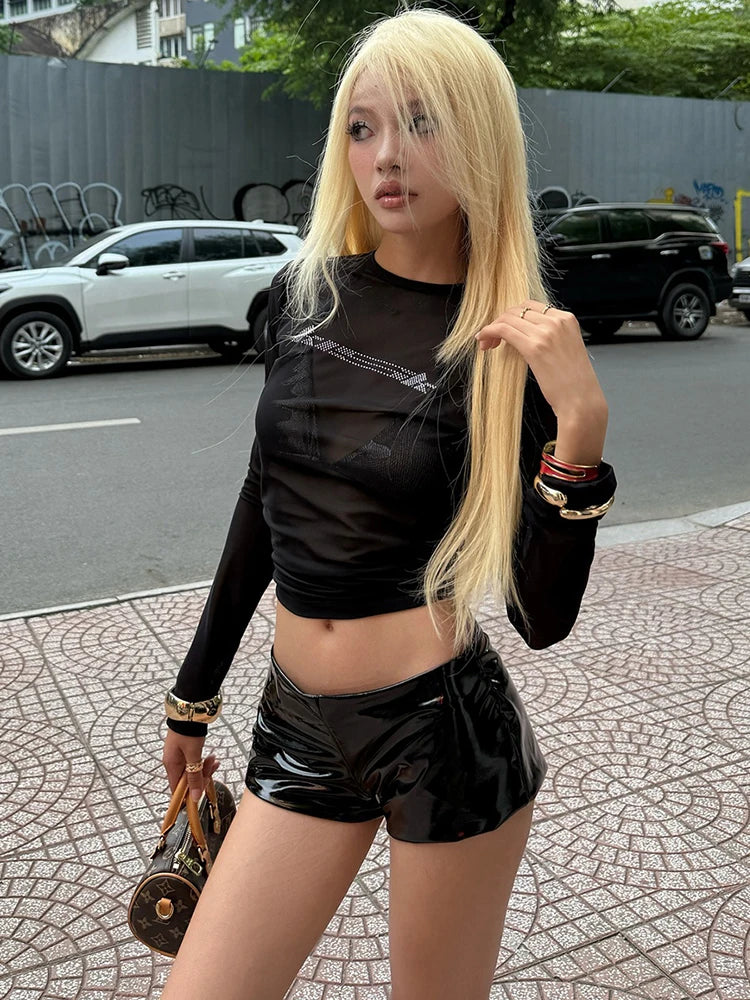 Sexy 2-Piece Top Set Women Bandage Halter Bra+See Through Fake Diamond Sticker Full Sleeve t-Shirt Midnight Streetwear