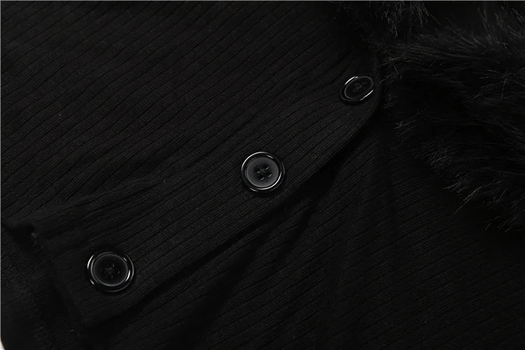 Classic Furry Patchwork Knit Jacket Woman Elegant Warm Winter V-Neck Full Sleeve Fashion Slim Banquet Party Streetwear