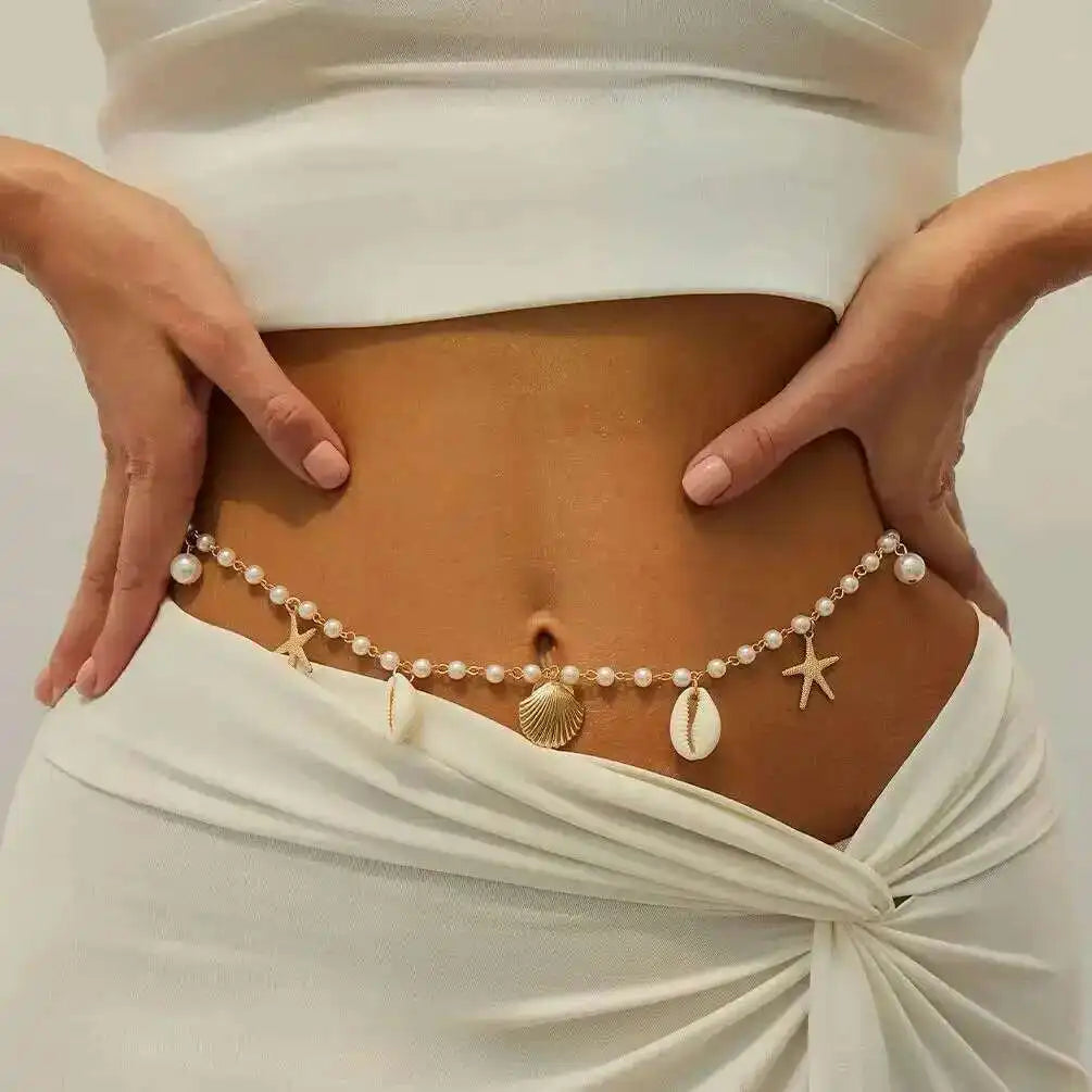 Bohemian Imitation Pearl Starfish Conch Pendant Waist Chain for Women Summer Beach Sexy Bikini Body Chain Charm Jewelry