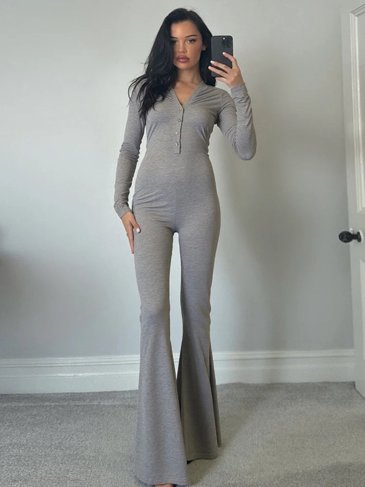 Sexy Flare Jumpsuit Women Long Sleeve V-Neck Single-Breasted Solid Sporty Commute Stretchy Skinny Elegant Overalls