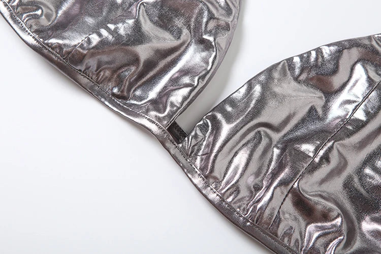 Sexy 2-Piece Top Set Women Bandage Halter Bra+See Through Fake Diamond Sticker Full Sleeve t-Shirt Midnight Streetwear