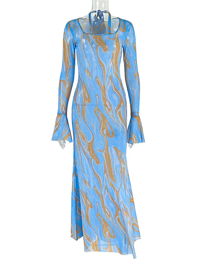 Tie-Dye Print Maxi Dress Women Autumn New Trend Bandage Halter o-Neck Flare Sleeve Street Fashion Elegant Vestidos