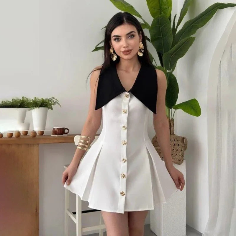 Turn-down Collar Button Up Sleeveless Pleated Mini Dress White Elegant Dresses Woman 2025
