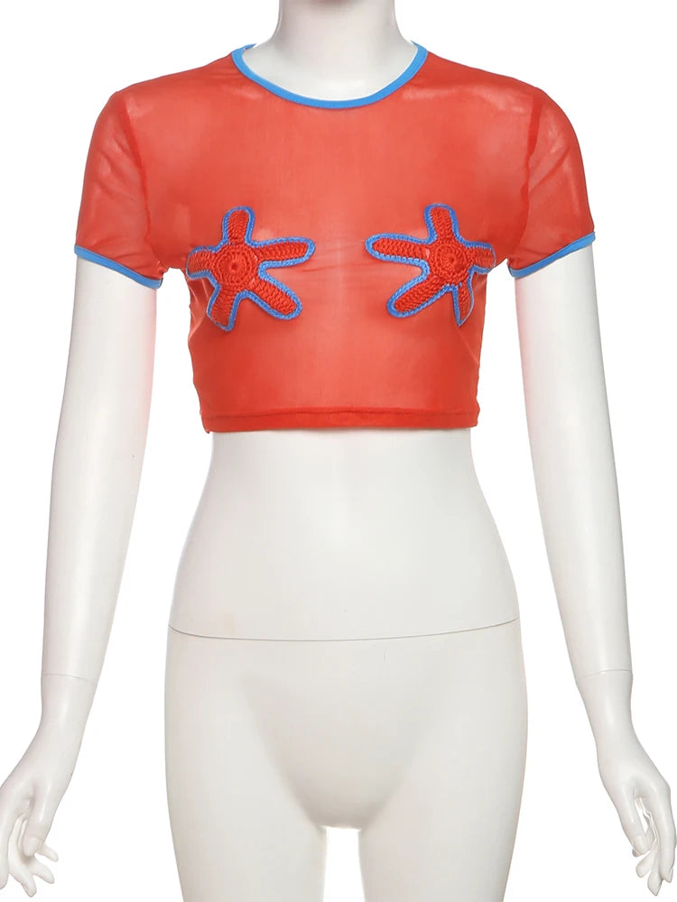 See Through Crop Tops Appliques Women Summer Beach Trend Skinny Stretch Contrast O-Neck Sexy Wild Shorts Sleeve Tees