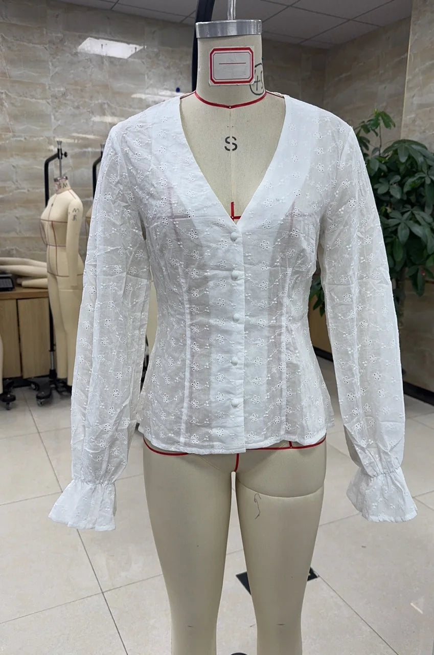 Women's Fall Button Up Blouse Casual Loose Fit Stylish Embroidered Solid Color Eyelet V Neck Long Sleeve Tops