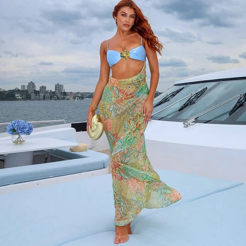 Sexy Summer Maxi Dresses 2025 Woman Paisley Print Cut Out Backless Long Dresses Sexy Beach Vacation Outfits