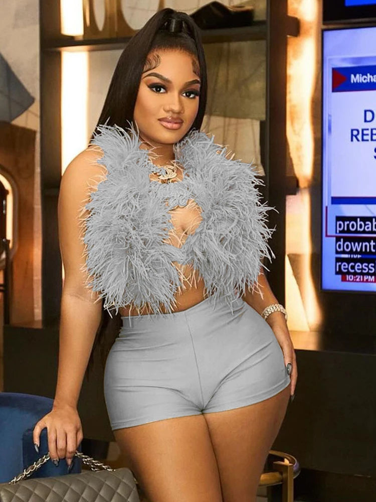 Sexy Hipster 2 Piece Set Women Y2K Summer Luxury Furs Tank Tops+Tight Stretch Shorts Midnight Clubwear Party Suits