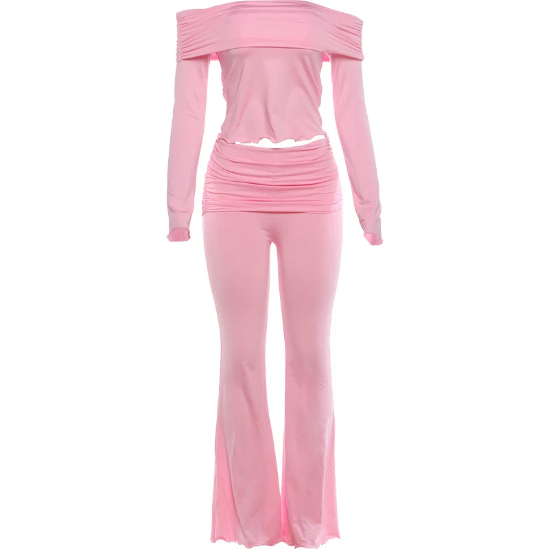 Ruched Elegant 2 Piece Set Woman Slash Neck Backless Navel Exposed Tops+Elastic Waist Long Pants Casual Style Suits