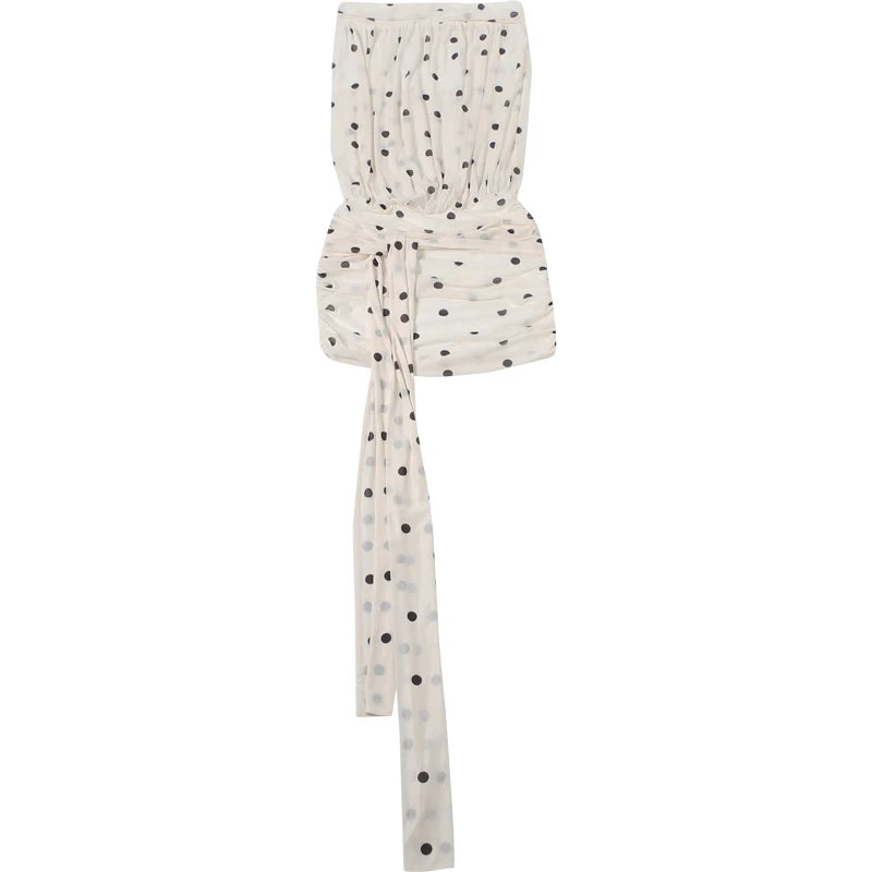 Chest Wrap Dress Women Birthday Party Polka Dot Print Tassel Folds Mesh Fashion Elegant Summer Trend Sweet Mini Bodycon