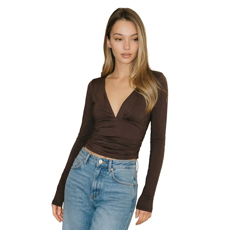 Deep V Neck Ruched Long Sleeve Tops Fall 2026 Fashion Brown Fitted T Shirts Woman Clothing