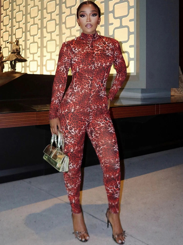 Leopard Print Jumpsuits Women Mesh Patchwork Turtleneck Backless Full Sleeve Skinny Peach Hip Hottie Hipster Overalls