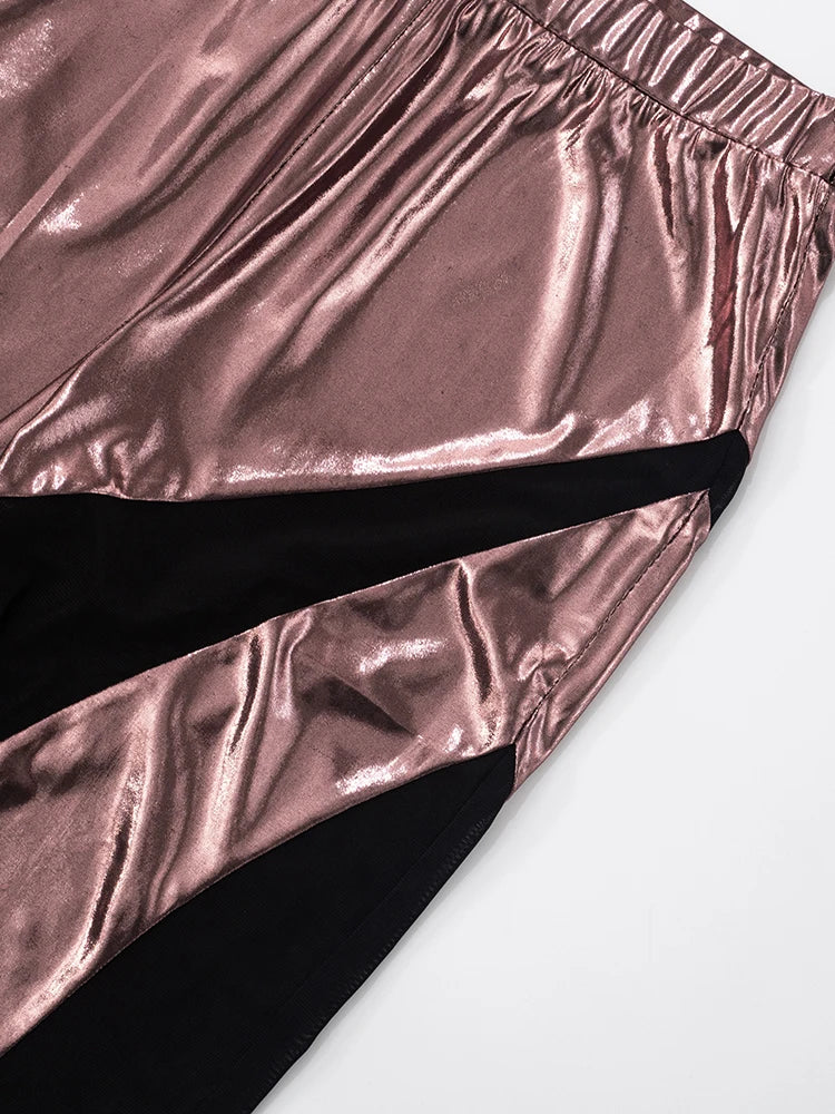 Bronzing Smooth Fashion Long Pants Women Elastic Waist Irregular Mesh Patchwork Sexy Skinny Peach Hip HIpster Bottoms