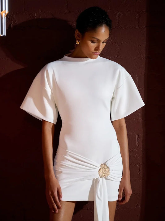 Half Sleeve Draped Short Dresses for Woman Clothing White Black Sheath Dresses Elegance