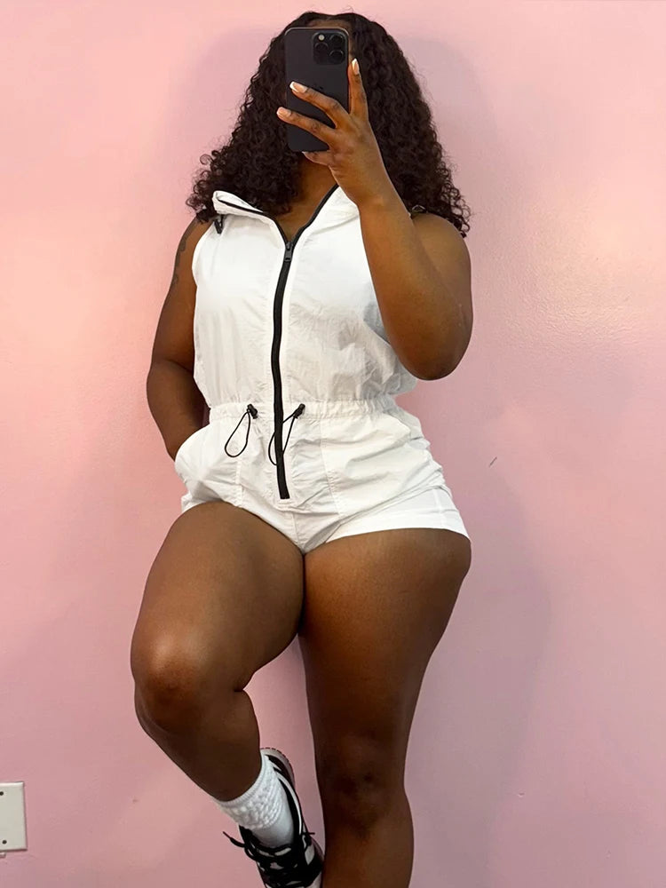 Zip Hooded Playsuit Women Casual Sporty Summer Hipster Sleeveless Stretch Activity Streetwear Shorts Sash Playsuit