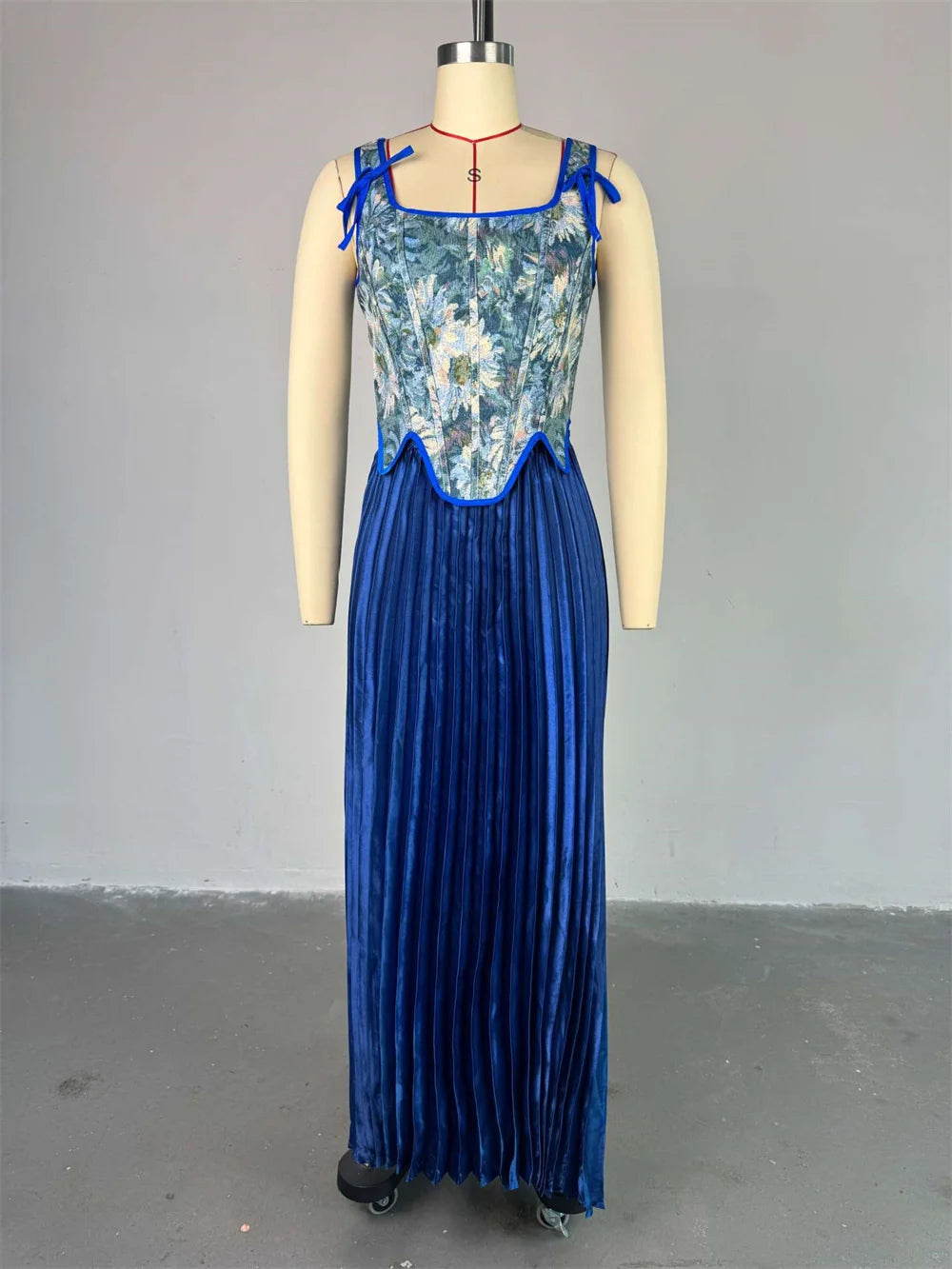 Elegant 2-Piece Set Women Irregular Hem Shirring Floral Fishbone Tank Tops+Pleated Long Skirts Evening Party Outfits