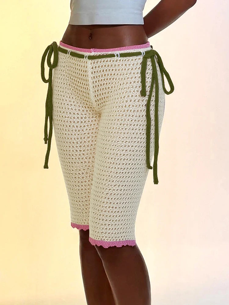 Crochet Shorts Women Coquette Hollow Sash Bandage Sexy Summer Hipster Midnight Clubwear Skinny Stretch Bike Shorts