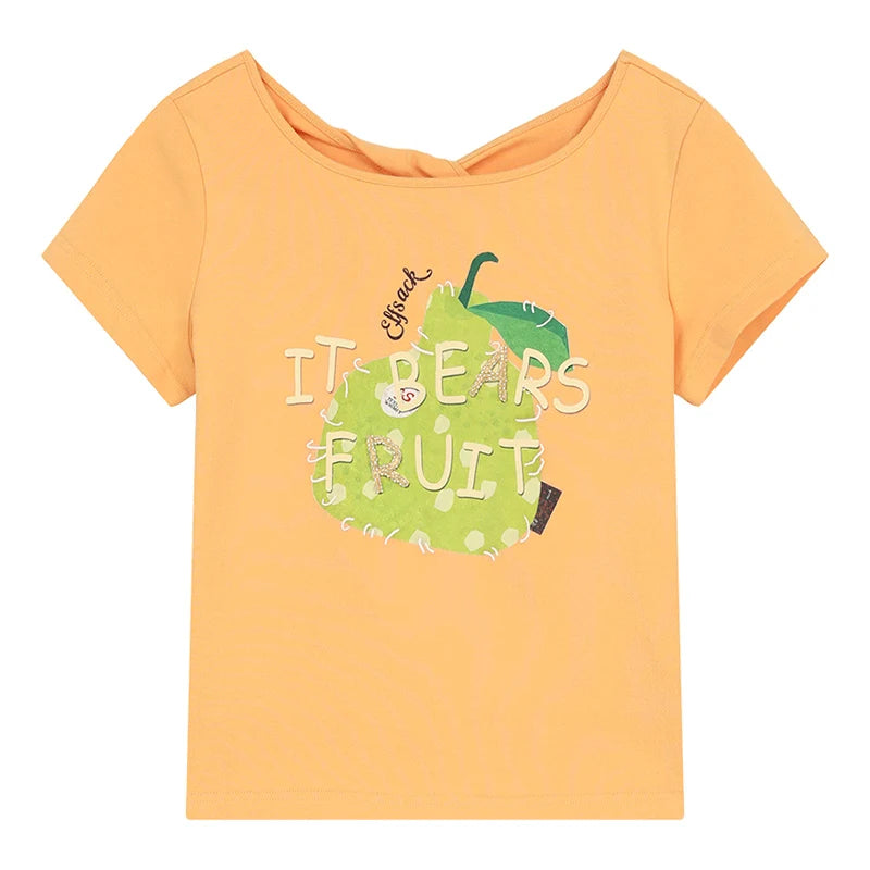Women's Cropped Short Sleeve Tee with Pear Letter Embroidery, Hollow Twist Neck Slim Fit Top for Summer