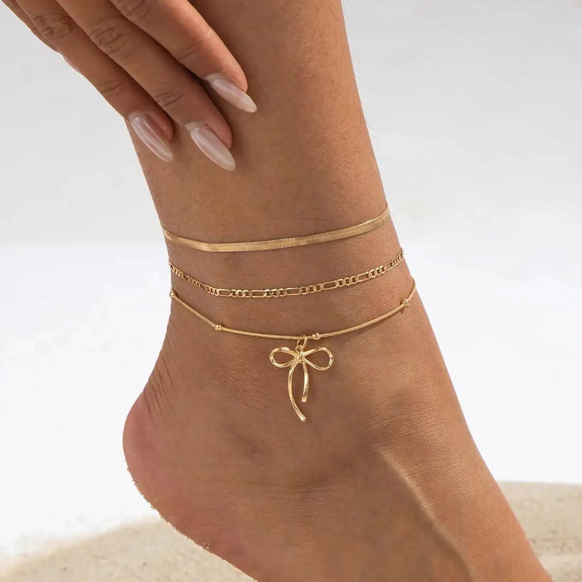 Boho Summer Beach Thin Chain Anklets for Women New Trend Vacation Simple Bowknot Ankle Chains Barefoot Foot Jewelry