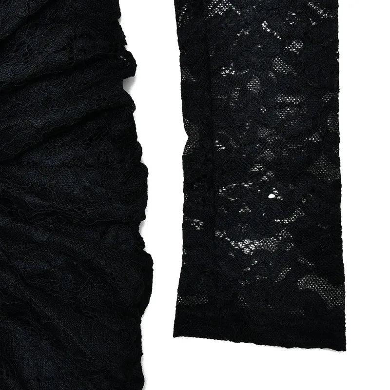 See Through Lace Black Bodycon Dresses Sexy Night Club Outfits for Women Long Sleeve Draped Mini Dress