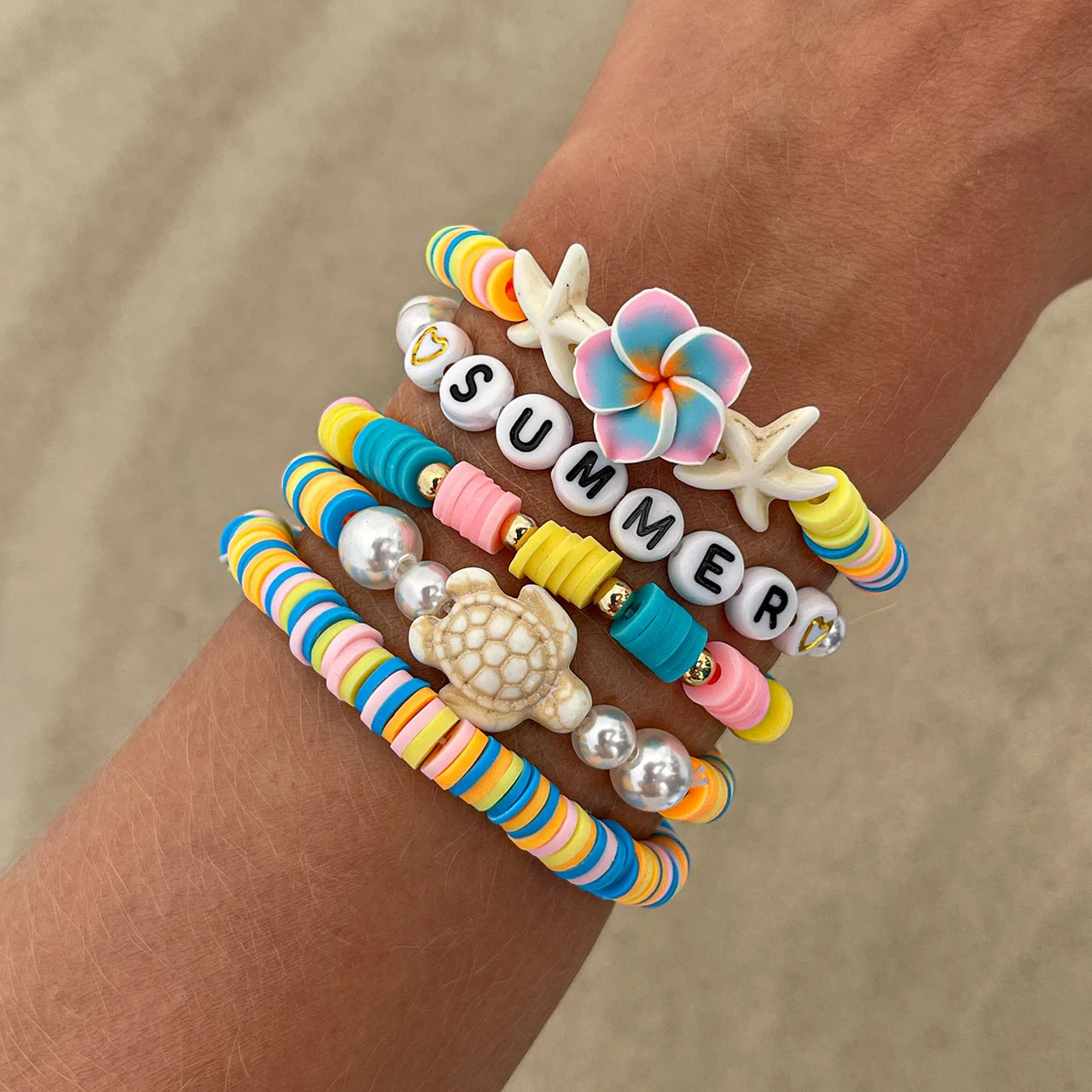 5Pcs/Set Romantic Tiny Flower Plastic Turtles Chain Bracelets Women Boho Polymer Clay Charm Bangles Y2K Summer Jewelry