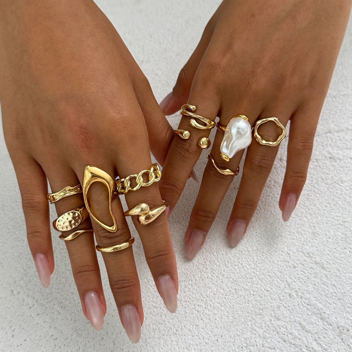 12Pcs/Set Vintage Imitation Pearl Water Drop Open Rings for Women Goth Irregular Geometric Ring Wedding Finger Jewelry