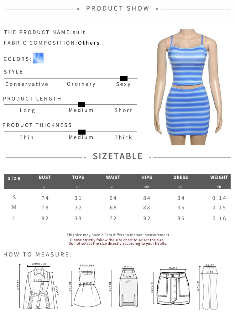 Stripe Print 2-Piece Set Women Simple Backless Classic Tank Top+Simple Skirt Skinny Casual Summer Trend Matching Suit