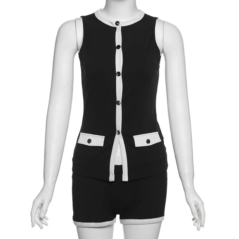 Two Piece Sets Women Sleeveless Button-down Cardigan Top and Shorts Set Casual Black Outfits Woman 2025