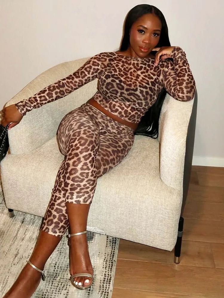 Sexy Leopard Print 2Piece Set Women See Through Long Sleeve Coquette Crop Top+Bike Shorts Stretch Matching Streetwear