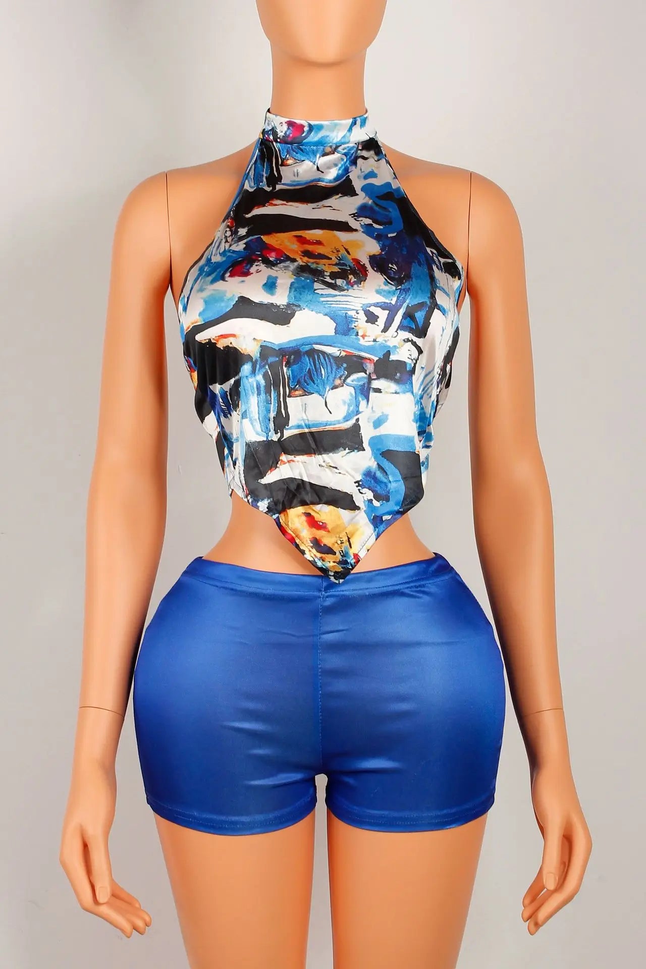 Sexy Women 2 Piece Set Tracksuit Summer Colorful Print Backless Halter Belly Tops+Shorts Matching Slim Clubwear Suits