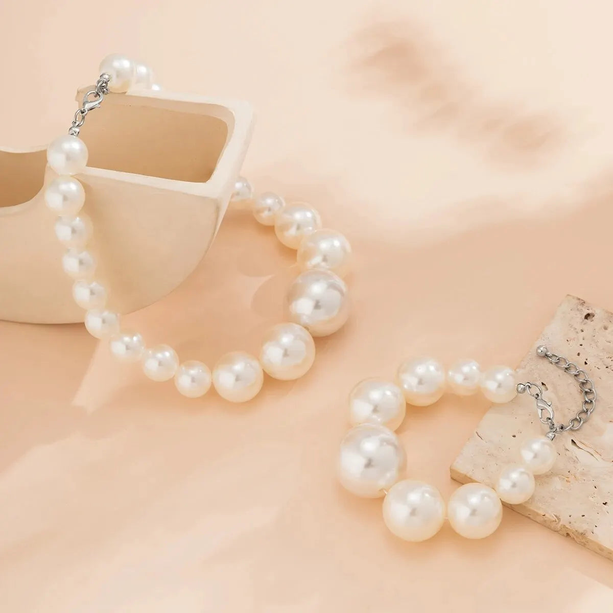 2Pcs Exaggerated Big Imitation Pearl Choker Necklace Bracelets for Women Wed Goth Bead Maxi Chain Grunge Jewelry Set Steampunk