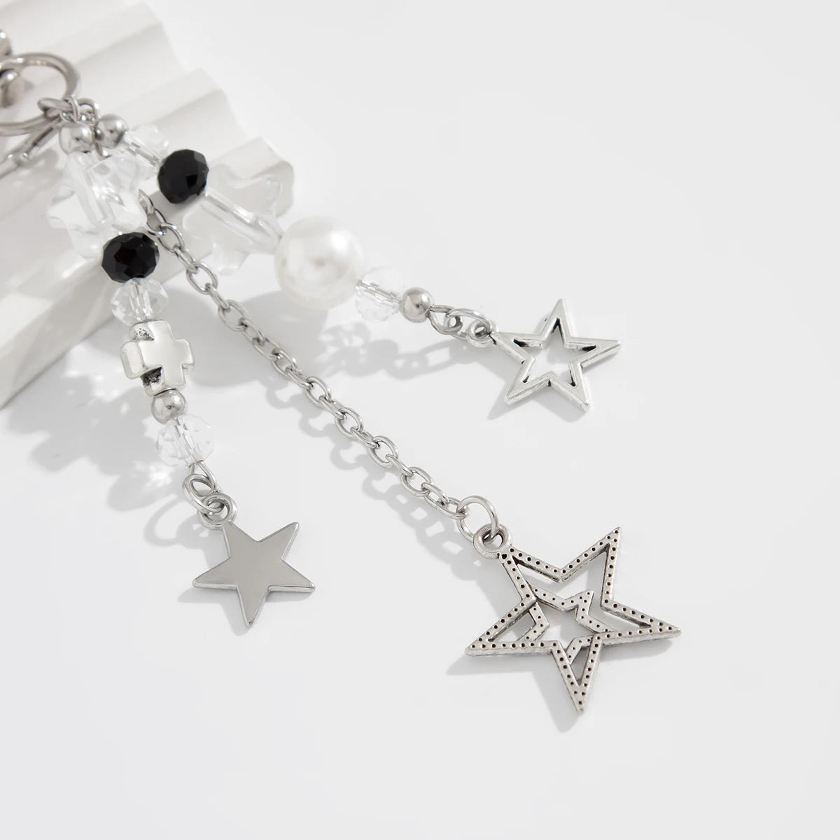 Vintage Hollow Star Cross Pendant Keychain Korean Fashion Beads Keyring Jeans Bag Chain Pendant Y2K Jewelry Accessories