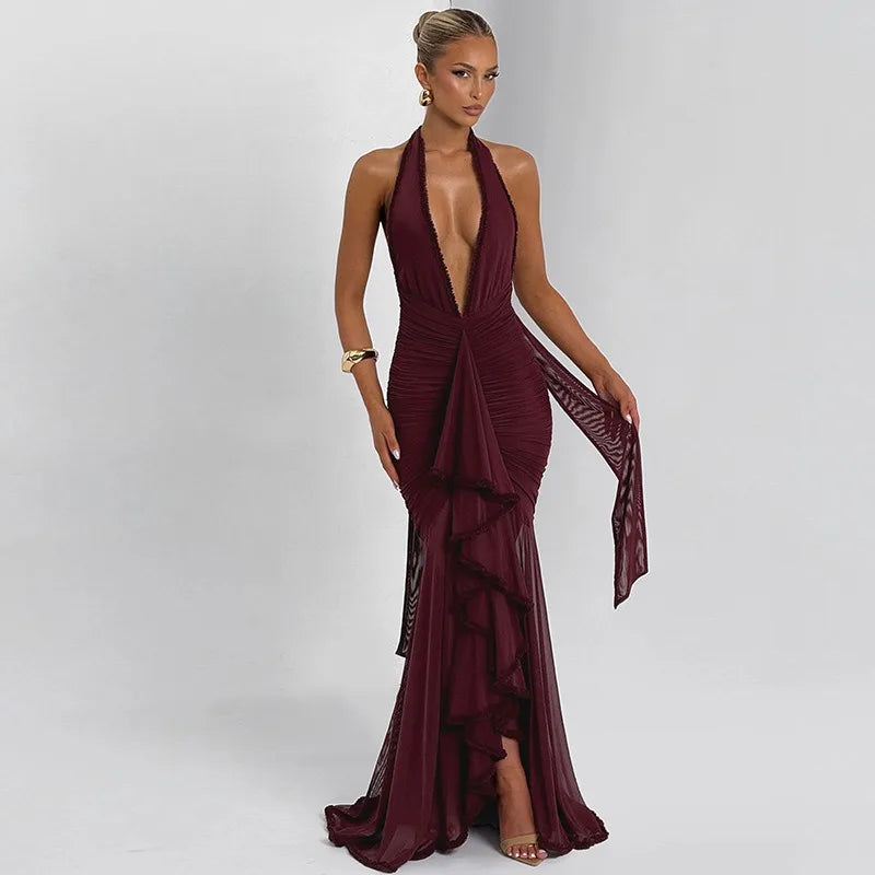 See Through Mesh Patchwork Sexy Party Dresses Burgundy Black Deep V Neck Backless Fishtail Maxi Dress