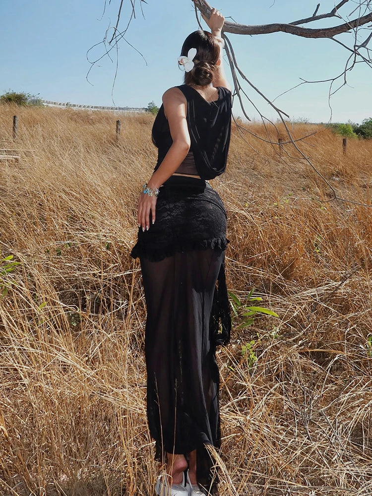 Sexy See Through 4 Piece Set Women Hooded Crop Tops+Solid Bra+Underwear+Ruched Ribbon Skirts Vacation Elegant Outfits