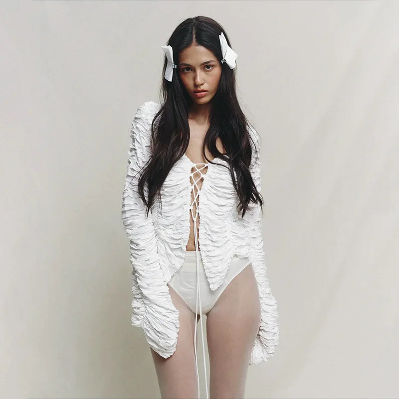 Hollow Out Lace Up Long Sleeve Crop Tops for Women Fall Clothes 2024 Fashion Distressed White Shirts & Blouses